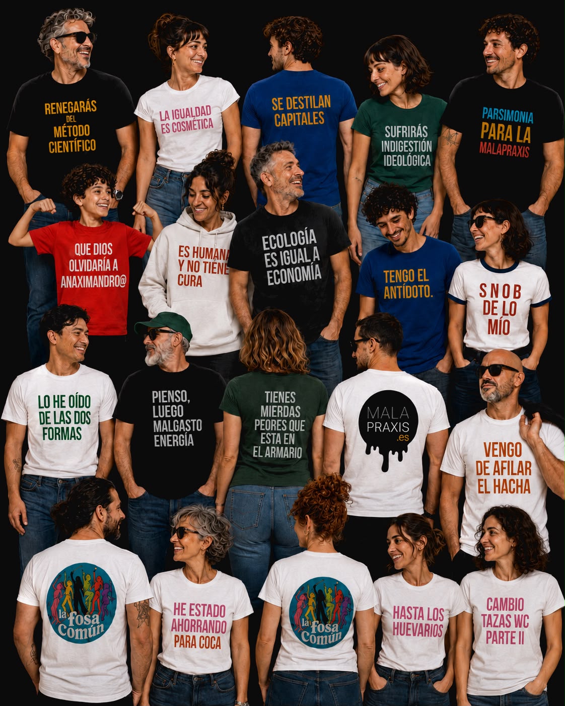 Collage de camisetas y divisas de Parsimonia y Malapraxis